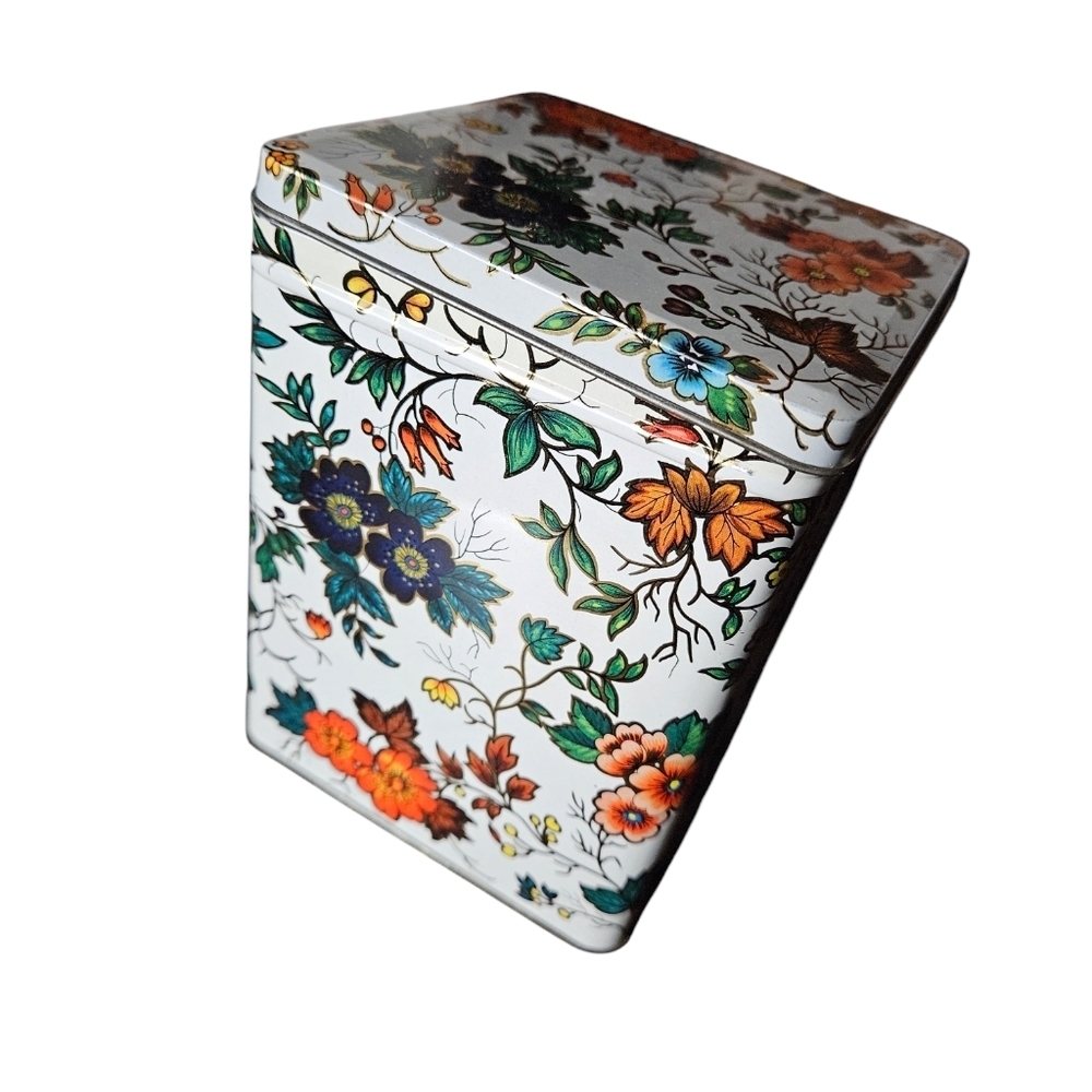 Vintage floral bright square tin made in England.